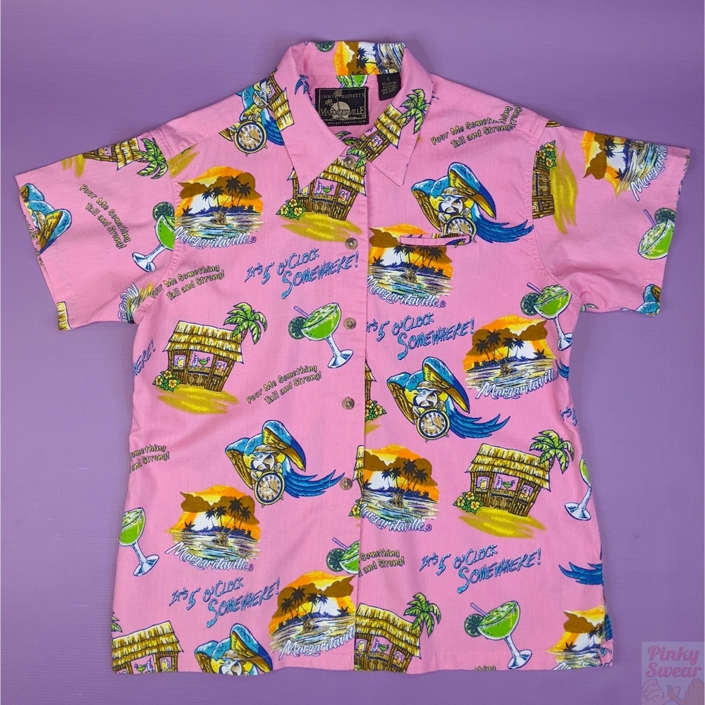 Jimmy Buffett Margaritaville Women's Pink Hawaiian Parrot Shirt Blouse Large